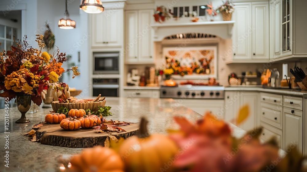 Autumnal kitchen interior with Thanksgiving decorations, pumpkins, flowers, and warm lighting. Autumnal kitchen interior with Thanksgiving decorations, pumpkins, flowers, and warm lighting.