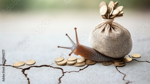 Snail carrying a sack of coins over cracked terrain symbolizing slow economic growth and rising inflation.