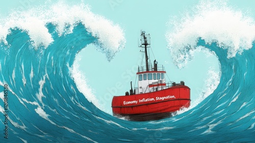 Ship labeled economy facing giant waves symbolizing inflation and economic stagnation challenges  
