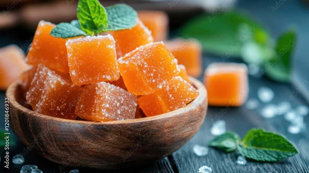 A close-up of orange sugar-coated jelly candies artfully arranged with a mint leaf, displaying color contrast and textures in a delicious presentation. A close-up of orange sugar-coated jelly candies artfully arranged with a mint leaf, displaying color contrast and textures in a delicious presentation.