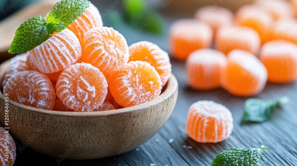 Close-up of orange-striped sugary candies placed in a wooden bowl, complemented by mint leaves, showcasing color and texture in a delightful composition. Close-up of orange-striped sugary candies placed in a wooden bowl, complemented by mint leaves, showcasing color and texture in a delightful composition.