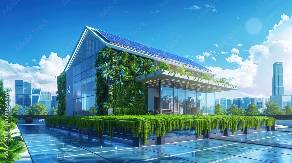 Obraz premium A compact smart home with solar panel roofing, a vertical garden, and smart lighting, set in an urban cityscape under blue skies, showcasing sustainability.