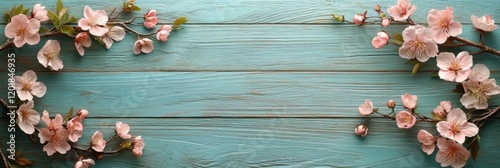 A light green wooden background adorned with cherry blossom branches