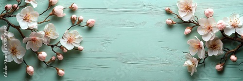 A light green wooden background adorned with cherry blossom branches