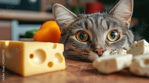 A wide-eyed, curious tabby cat stares intently at assorted cheeses left on a wooden kitchen table, creating a charming and humorous domestic moment. photo