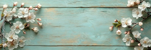 A light green wooden background adorned with cherry blossom branches