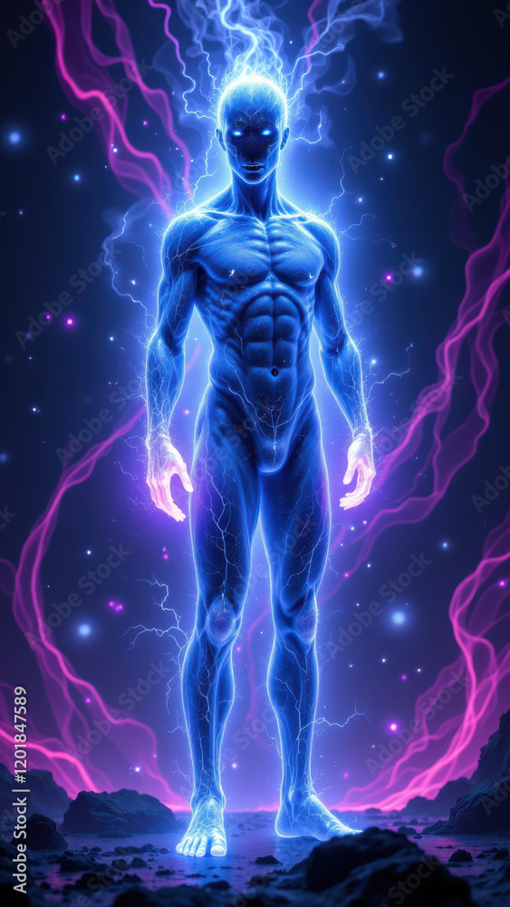 Futuristic AI character with electric energy emanating from body. Futuristic AI character with electric energy emanating from body.