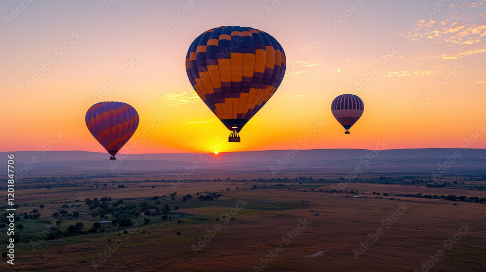 Naklejka premium Montgolfières colorées survolant un paysage sauvage au coucher du soleil doré.