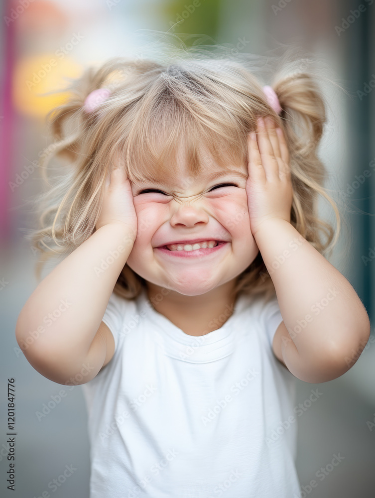 Petite fille blonde avec couettes riant aux éclats les mains sur le visage, expression joyeuse Petite fille blonde avec couettes riant aux éclats les mains sur le visage, expression joyeuse