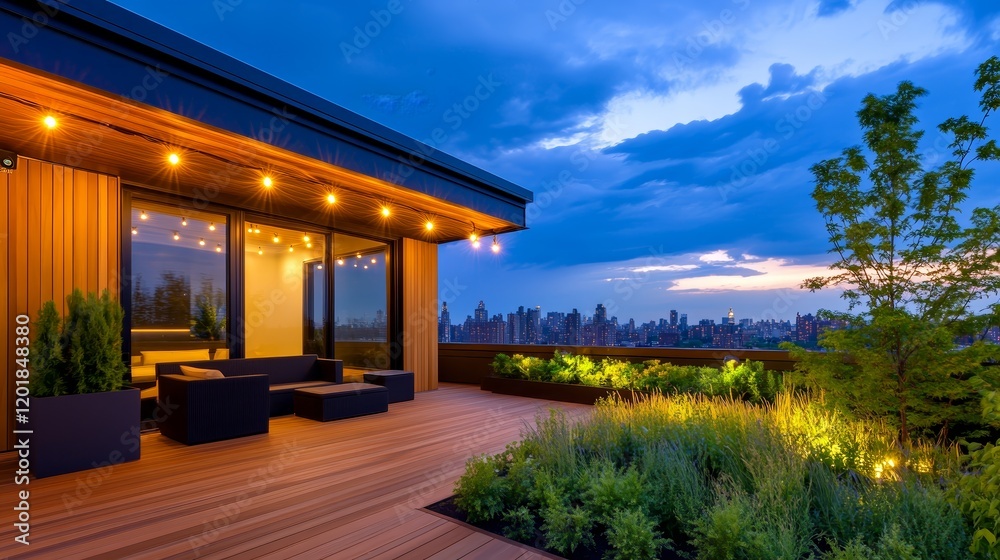 Rooftop terrace with seating, plants, and city skyline at dusk. Rooftop terrace with seating, plants, and city skyline at dusk.