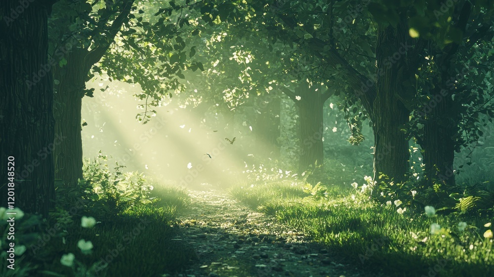 Sunbeams illuminate a mystical forest path. (2) Sunbeams illuminate a mystical forest path. (2)