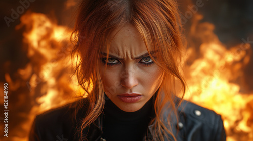 Fierce woman with fiery background showcasing strength and determination in an intense moment