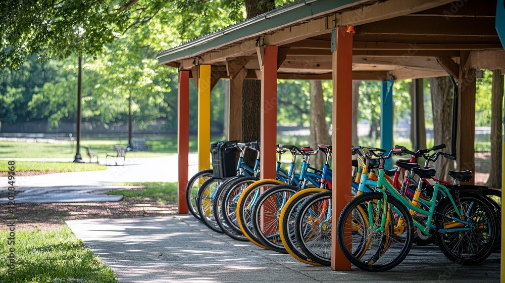 A bike rental stand at a park with colorful bikes lined up under a canopy A bike rental stand at a park with colorful bikes lined up under a canopy