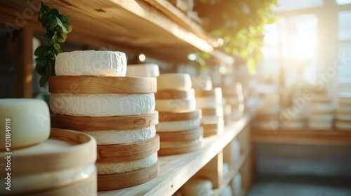 A collection of cheese wheels rests on wooden shelves in a sunlit room, surrounded by plants, highlighting a rustic ambiance and artisanal cheese-making environment.
