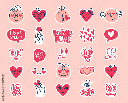 Pink Vector Set of funny Cartoon Valentine Stickers. Love Theme Illustrations for Decorations, Social, Greeting Cards.