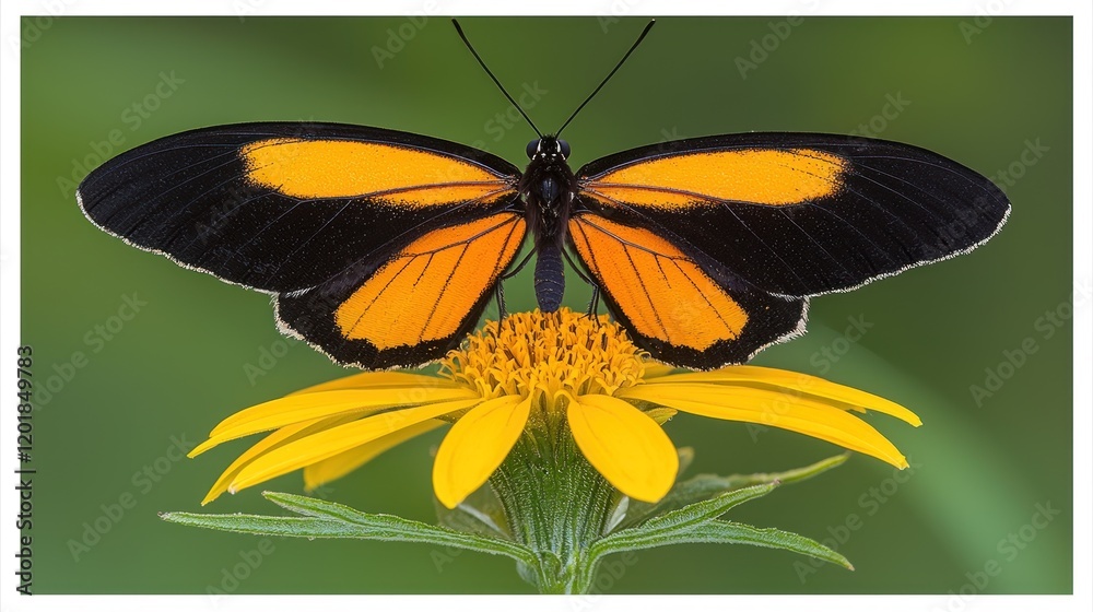 Fototapeta premium Vibrant Orange and Black Butterfly on Yellow Flower