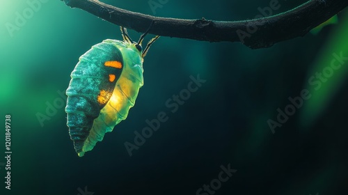 A butterfly chrysalis hanging from a branch, glowing faintly in soft light