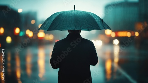 A solitary individual holding an umbrella walks down a rainy, illuminated city street, seen from behind, exuding a sense of quiet determination amidst urban life. photo