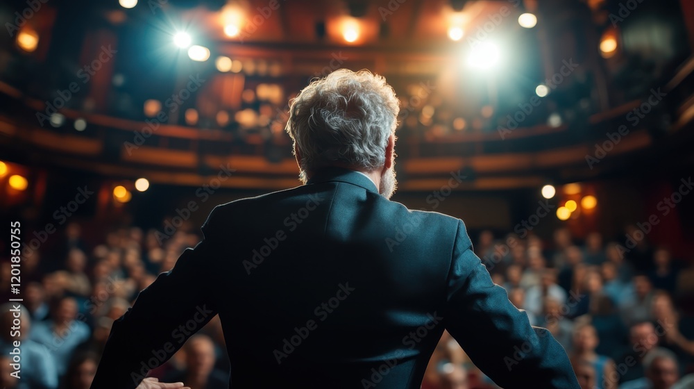 A mature man in a suit delivers a speech on stage in a theater, seen from behind with the audience in view, embodying authority and eloquence in communication. A mature man in a suit delivers a speech on stage in a theater, seen from behind with the audience in view, embodying authority and eloquence in communication.