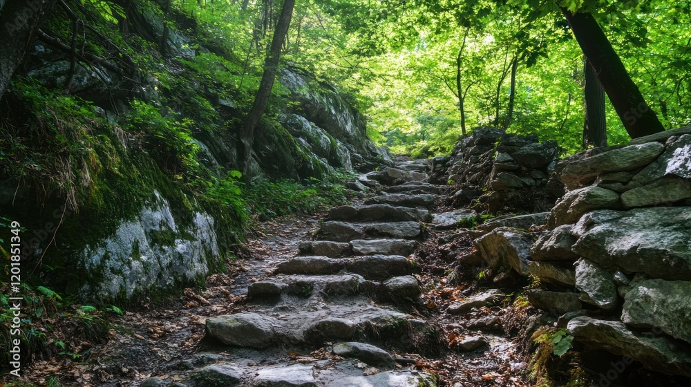 Fototapeta premium Stone Path through a Lush Green Forest Leading to Sunlight Above
