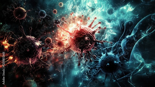 Human immune cells attacking a virus, [virus, immune system, medical concept], [realistic, action-packed, bright contrast]  photo