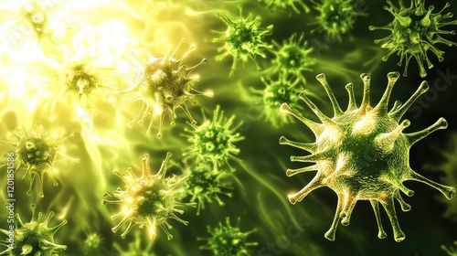 Human immune cells attacking a virus, [virus, immune system, medical concept], [realistic, action-packed, bright contrast]  photo