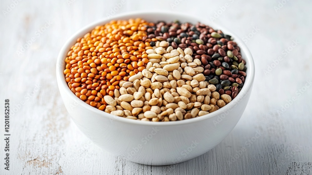A bowl of mixed nuts and seeds displayed on a clean white table with soft natural light A bowl of mixed nuts and seeds displayed on a clean white table with soft natural light