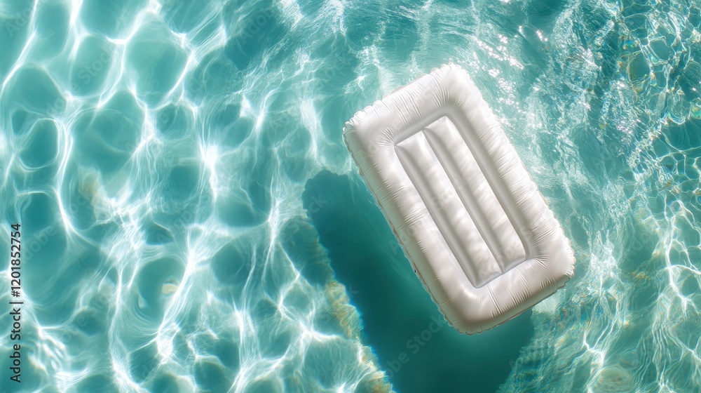 A white pool float drifts languidly in a shimmering turquoise pool under bright sunlight, creating a tranquil and inviting summer atmosphere of relaxation and leisure. A white pool float drifts languidly in a shimmering turquoise pool under bright sunlight, creating a tranquil and inviting summer atmosphere of relaxation and leisure.