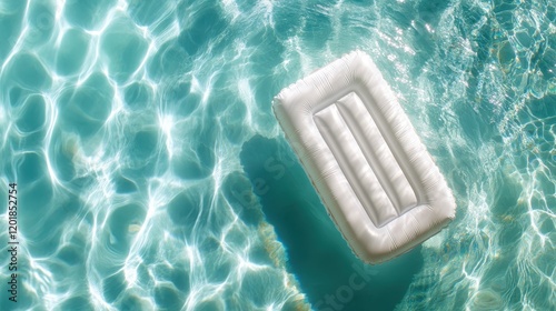 A white pool float drifts languidly in a shimmering turquoise pool under bright sunlight, creating a tranquil and inviting summer atmosphere of relaxation and leisure. photo