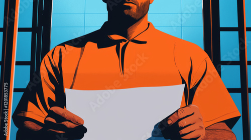 man in orange prison uniform holds document, reflecting on his situation