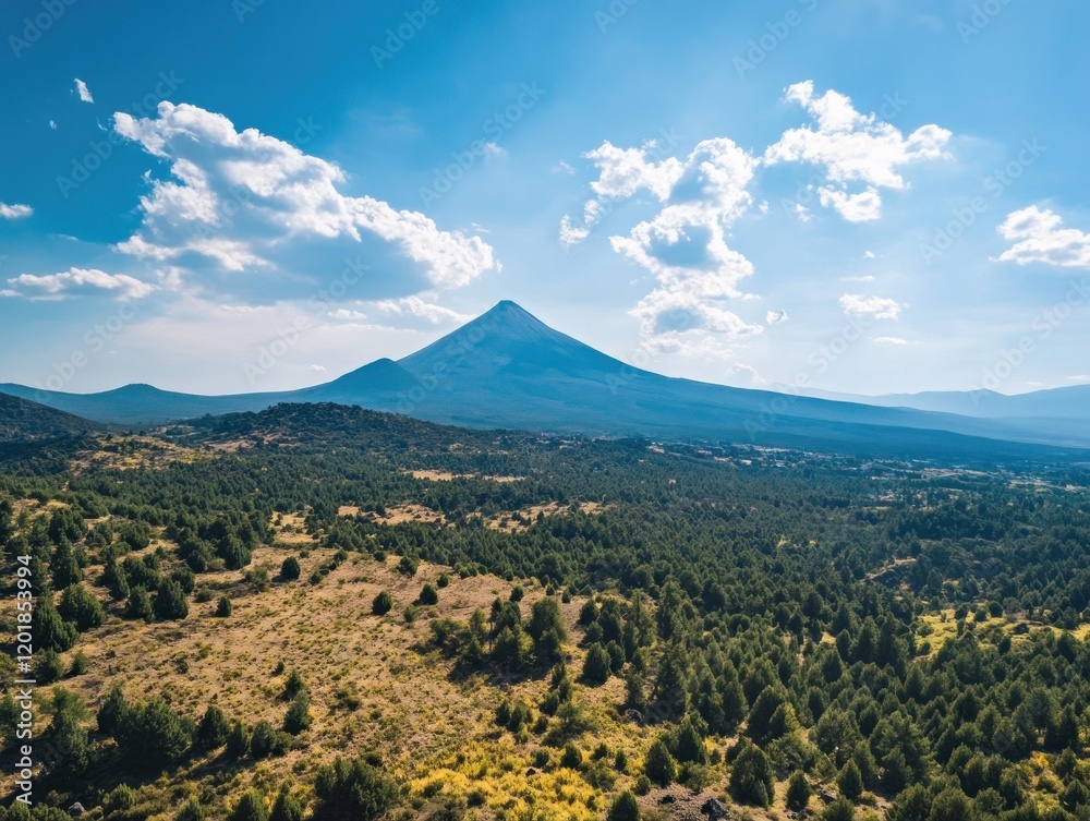 Fototapeta premium A majestic mountain peak rises above a lush forest under a vibrant blue sky with scattered white clouds
