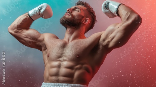 A victorious male boxer flexes his impressive muscles, exhibiting confidence and physical prowess amidst a dynamic backdrop of vibrant red and blue hues. photo