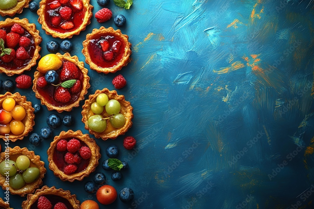 A blue background with a variety of fruit pies and berries A blue background with a variety of fruit pies and berries