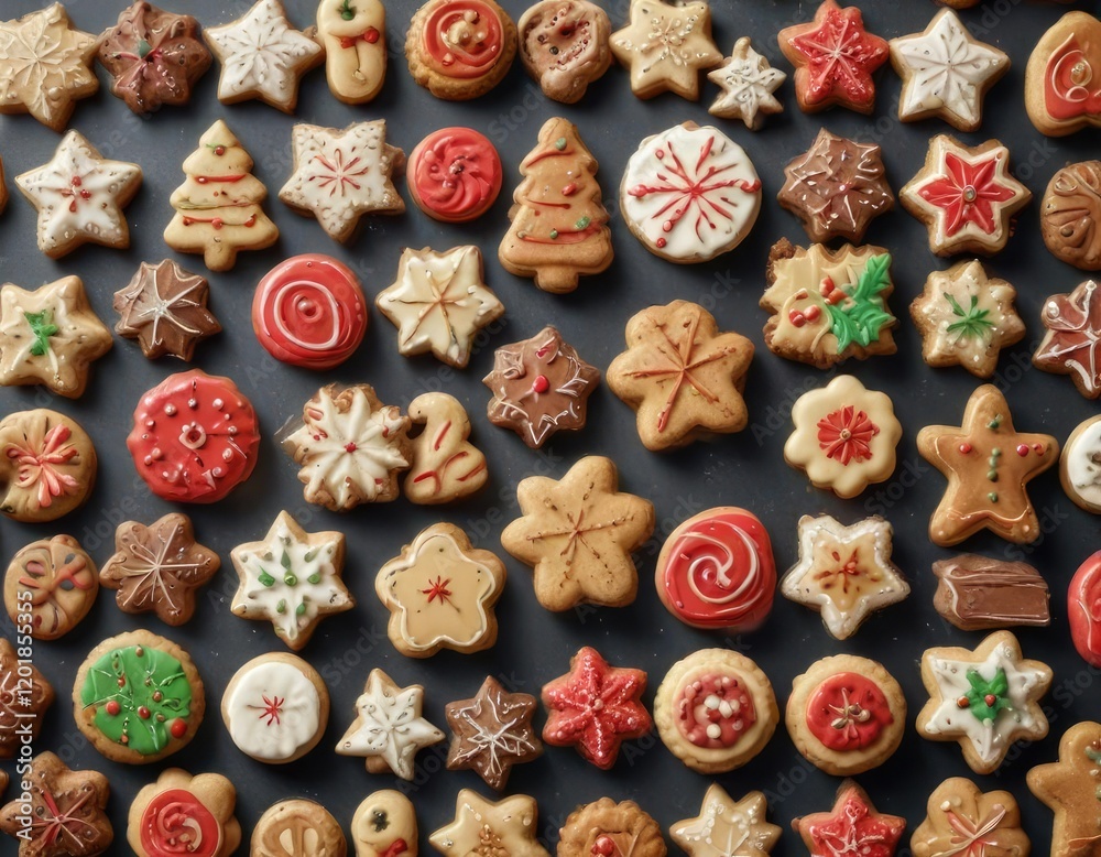 Fototapeta premium Assortment of delicious Christmas cookies in various shapes and designs, sugar, treats