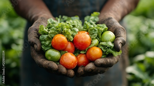 Close-up view of freshly harvested tomatoes and lettuce held by hands covered in rich dark soil showcasing the fruits of agricultural labor