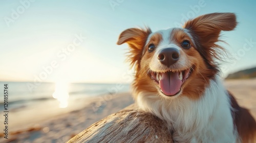 A playful dog is shown leaning on driftwood, set against a glowing sunset at the beach, highlighting themes of freedom and friendship. Vivid and lively scene.
