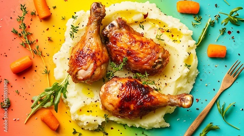 Isolated against a vibrant backdrop are roast chicken drums with mashed potato and carrots