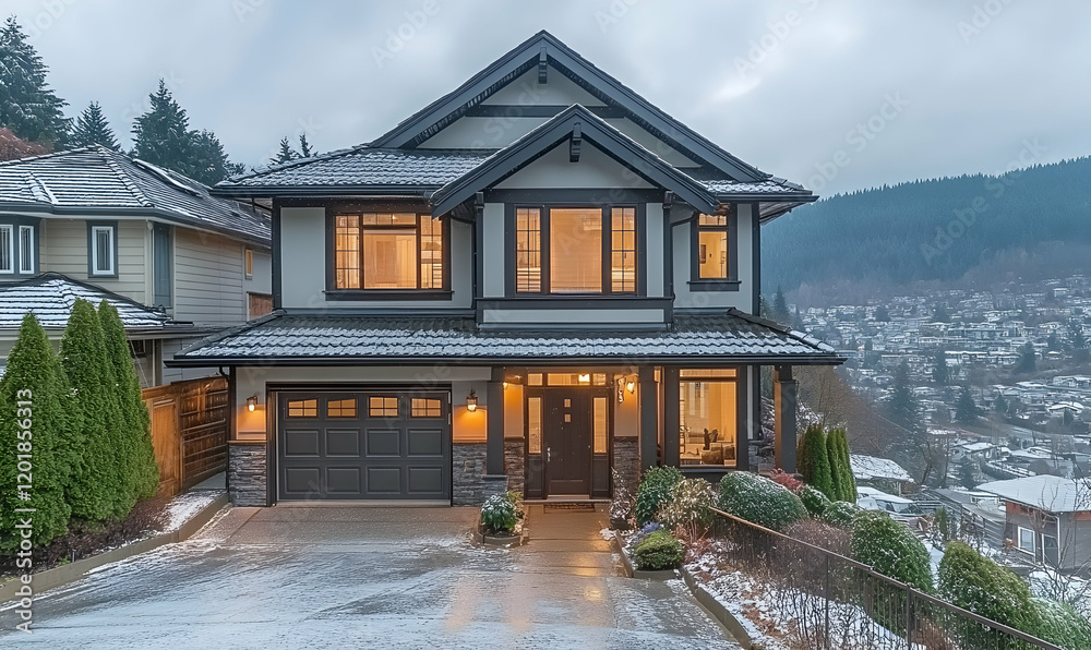 Luxurious modern home nestled in snowy hillside neighborhood, illuminated windows, mountain view. Luxurious modern home nestled in snowy hillside neighborhood, illuminated windows, mountain view.