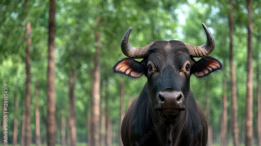 Naklejka premium Black buffalo with striking horns stands in vibrant green fields of Lop Bui, Vietnam, showcasing natural beauty and realistic detail