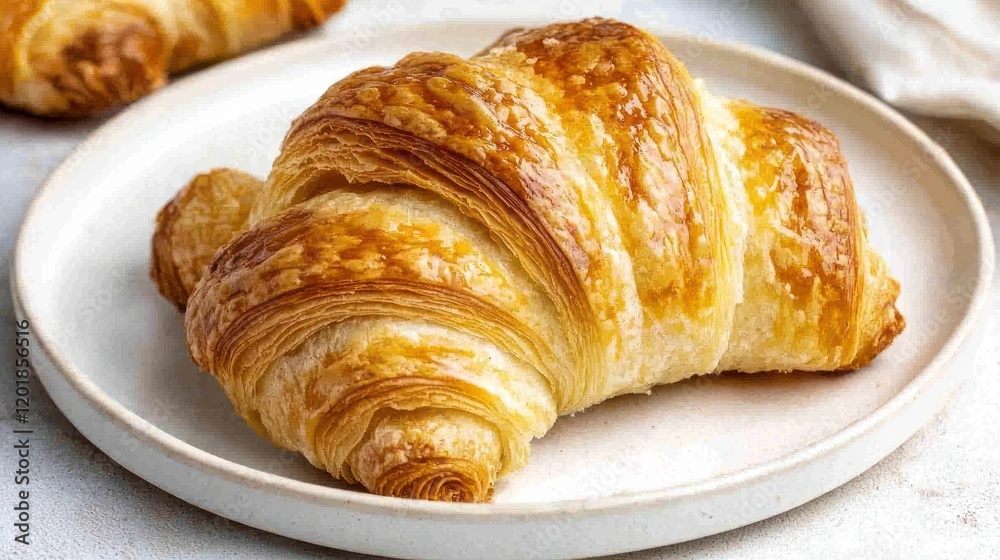 Golden-brown croissant on a plate. Golden-brown croissant on a plate.