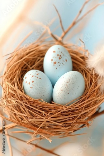 Wallpaper Mural Celebración de la Pascua con un nido natural que contiene huevos decorativos en tonos azules Torontodigital.ca