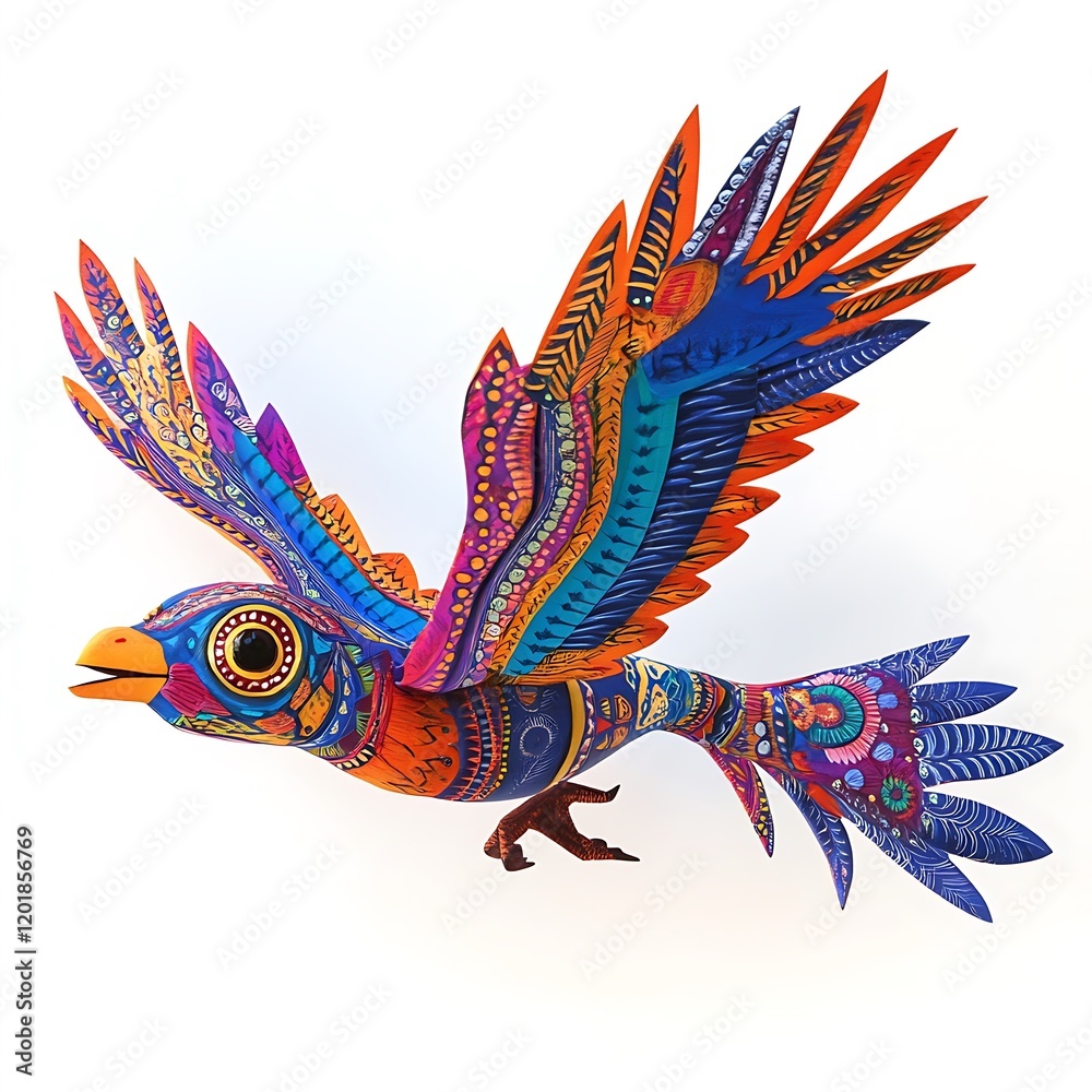 Fototapeta premium Colorful Bird Ornament Flying With Intricate Patterned Wings Against White Background