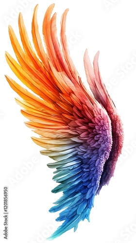 Colorful Wings with an Array of Feathers Gradient of Orange Red to Blue on a White Background
