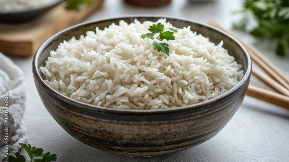A close-up of a steaming bowl of rice with a pair of chopsticks poised to serve, highlighting the hot and fluffy texture of the rice in a cozy kitchen setting. A close-up of a steaming bowl of rice with a pair of chopsticks poised to serve, highlighting the hot and fluffy texture of the rice in a cozy kitchen setting.