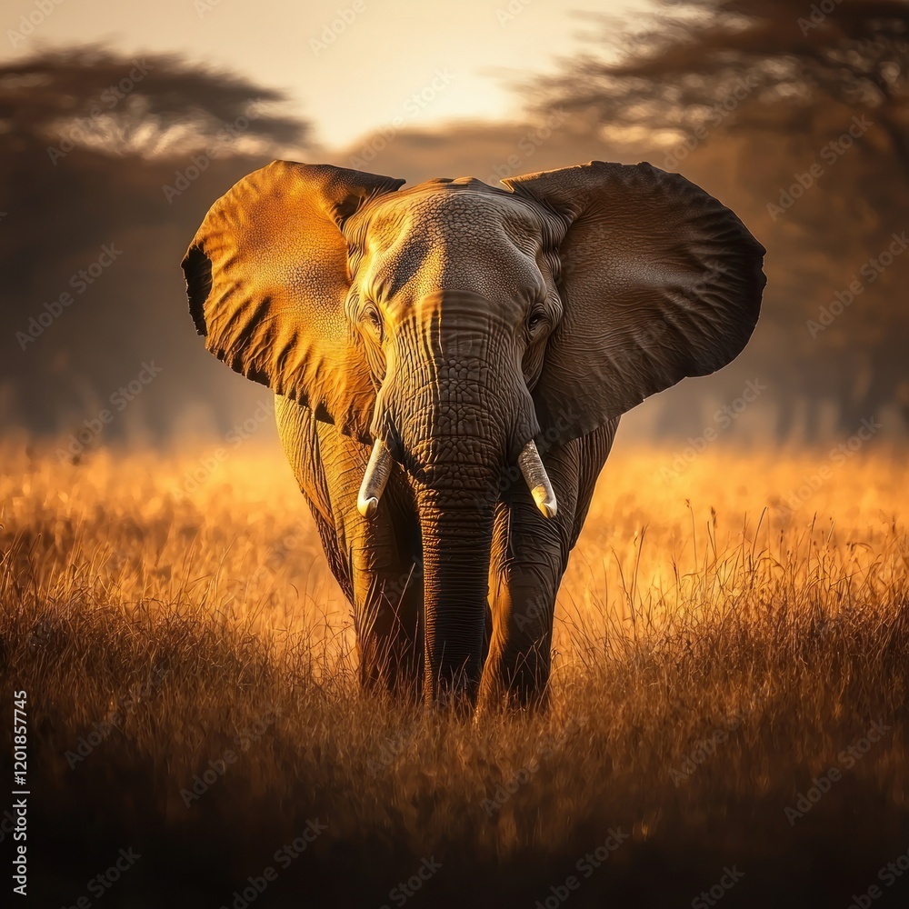 Obraz premium Majestic African elephant in golden savanna sunset.