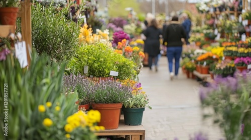 A bustling garden center with vibrant potted plants and people selecting spring flowers.