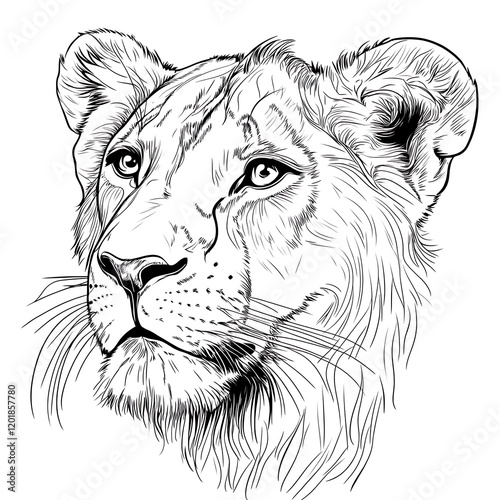 Detailed Line Drawing of Lion Head with Whiskers Showing Fur Texture and Facial Details photo