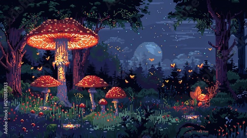 A vibrant pixel art scene of glowing mushrooms in a mystical forest at night.