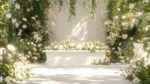 Enchanting floral altar surrounded by lush greenery in a bright, sunlit garden setting. Generative AI