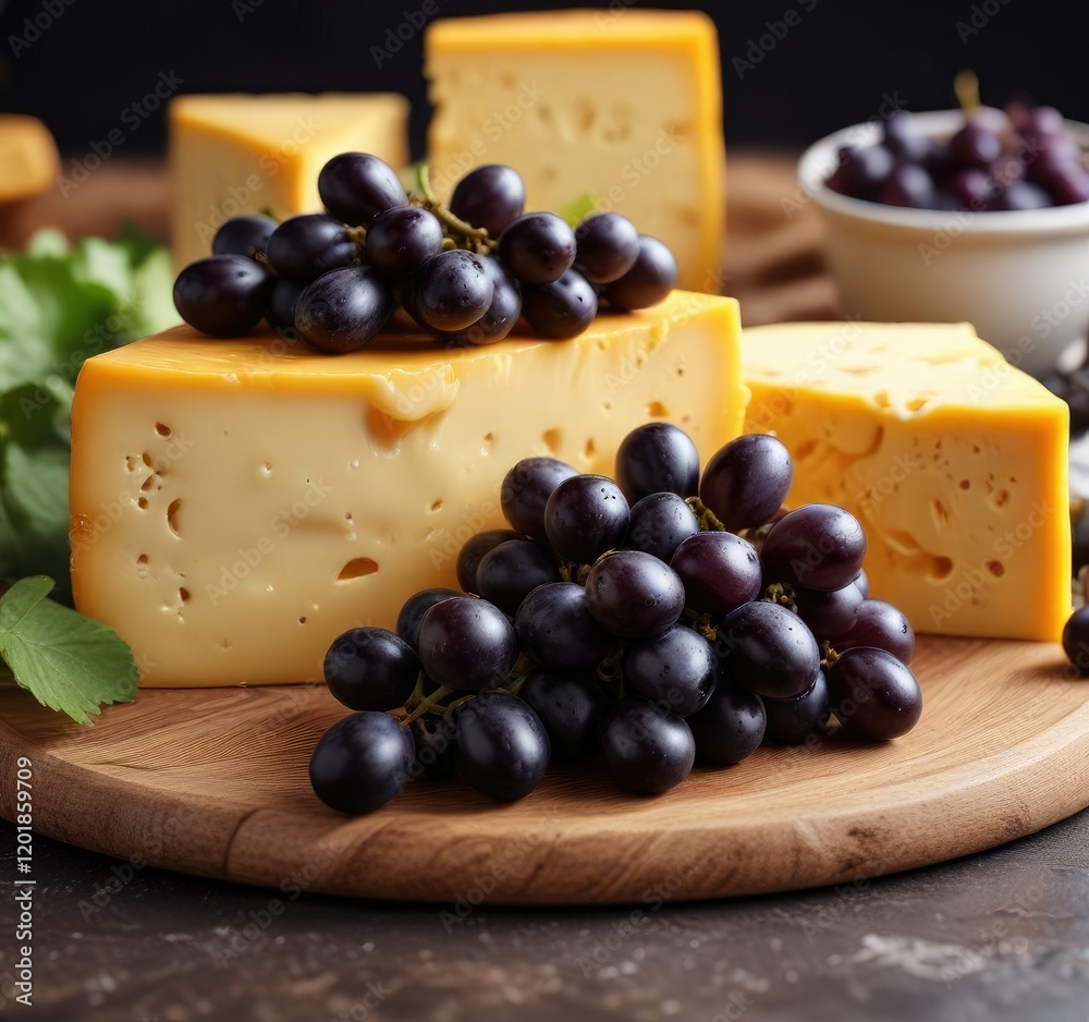 Cheddar cheese with black grapes in the background, black grapes, cheese, food Cheddar cheese with black grapes in the background, black grapes, cheese, food